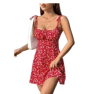 Summer Collection Best Selling European American Style Women’s Collarless Strap Casual Sweet Floral Print Casual Dress