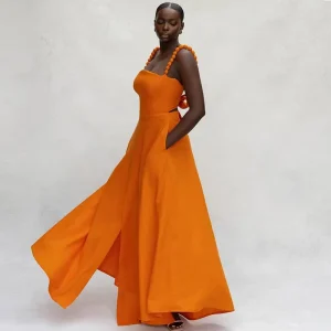 Summer Collection European American Women’s Strapless High Waist Satin Casual Dress Solid Color Floor-Length Front Design