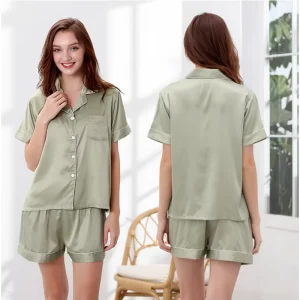 Summer Custom Comfortable V neck Short Sleeve Satin Luxury Sleep Wear Pajamas Sets for Women