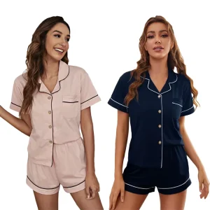 Summer Custom Ladies Pyjamas Pocket Front Breathable Bamboo Short Piping Pajamas Women’s Sleepwear