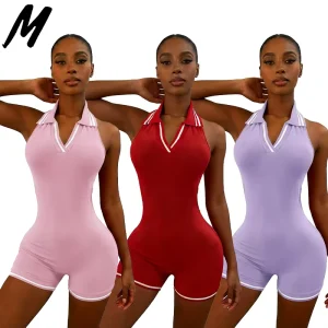 Summer Custom Logo Women’s Sleeveless Solid Color High Elasticity Daily Women’s Romper Halter Bodysuit