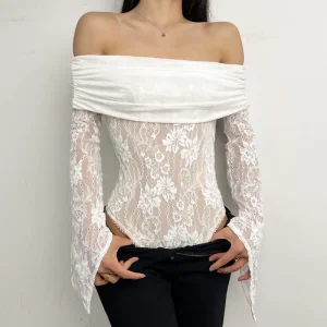 Summer Double layer Lace Crochet Floral Slim Fit Off shoulder Bodysuit Women’s Sexy Girl Style Long sleeved Top