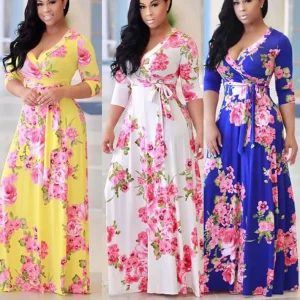 Summer Dress Clothing Plus Size Women Clothing V-neck Floral Print Plus Size Women’s Maxi Dress