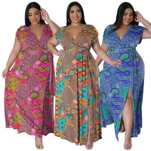 Summer Dress Plus Size Women Clothing V-neck Bohemian Style Plus Size Women’s Maxi Dress