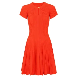 Summer Elastic Knitted Button Slim Fit Fashionable Short Sleeved Round Neck Striped Women’s Dress