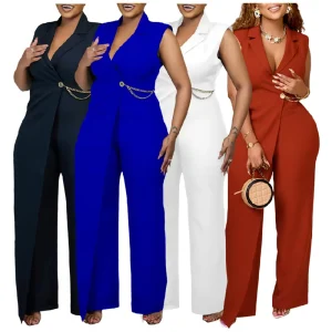 Summer Elegant Ladies Jumpsuit MC8576 One Piece Wide Leg Suit with Chain Solid Color Knitted Weaving Method