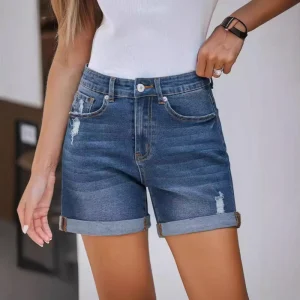 Summer Europe America Fashionable Loose Fit Straight-cut Form-fitting Worn-out Fashionable Casual Women’s Denim Shorts