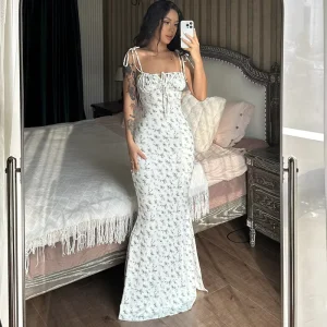 Summer European & American New Women’s Dress Small Floral Print Spaghetti Strap Full-Flare Skirt