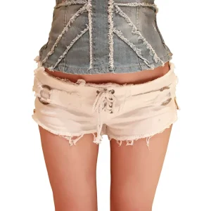 Summer European American Style Bar Dancer Sassy Girl Sexy Low Waist Ripped Women’s Straight Leg Denim Shorts Hot Pants