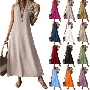 Summer European American Women’s Sleeveless V Neck Back Zipper Breathable Maxi A Line Loose Fit Polyester Casual