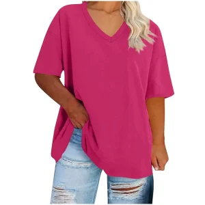 Summer European and American Style Women’s Plus Size T-shirt Loose Solid Color V-neck Casual Short Sleeved Top