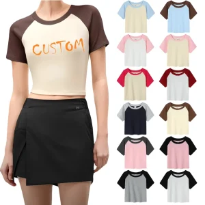 Summer Fashion 230G Cotton Hip Hop Collarless Raglan Sleeve Soft Women’s Slim Fit Short Sleeve Color Navel T-Shirt Printing