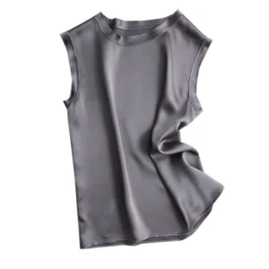 Summer Fashion Blank Stain Silk Top Woman High Quality Crew Neck Fashion Silk Blouses and Tops Ladies