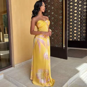 Summer Fashion Elegant Halter Women’s Dress Printed Sleeveless Round Neck Backless Dress