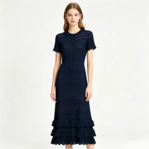 Summer Fashion Elegant Women’s Viscose Knitted Solid Slim-fit Short-sleeved Dress with Multi-layer Cake Skirt Design