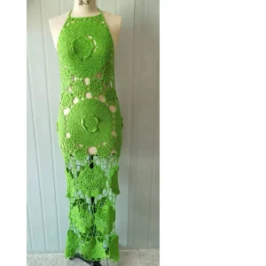 Summer Fashion Green Acrylic Breathable Crochet Knit Maxi Dress Women Bodycon Halter Backless Floral Dropped Sexy Hollow
