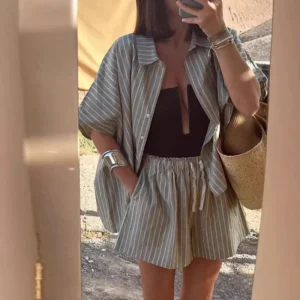 Summer Fashion Lapel Striped Shirt Loose Casual Shorts Women’s Set