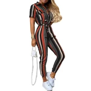 Summer Fashion Style Women’s Rompers Solid Color Printing Trousers Turn down Collar Lady’s Jumpsuit With Belt