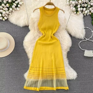 Summer Fashionable Temperament Round Neck Slimming A line Mesh Splicing Knitted Women’s Dress