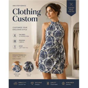 Summer Halter High Neck Vintage Floral Print Self Tie Waist Cinched Mini Dress Casual Vacation Dress OEM Custom Available