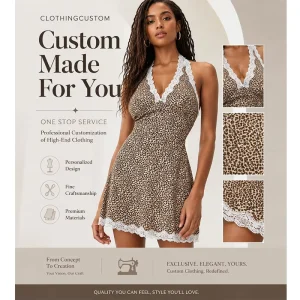 Summer Halter V Neck Lace Trim Bodycon Mini Dress Fashion Leopard Print Casual Sexy Dress OEM Custom Patterns Available