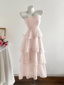 Summer Hip Covering Skirts Slimming Midi Dresses Tiered Skirts Fairy Style Strapless Dresses Solid Color Ruffled Dresses