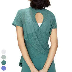 Summer Hollow Out Cross Back Workout Tops Breathable Fitness Clothing Short Sleeve Yoga T shirt Sports T Shirt for Women