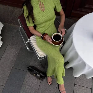 Summer Ins Women’s Candy Color Thick Spaghetti Strap Luxury Illusion Round Neck Hollow Out Knitted Long Sweater Dress