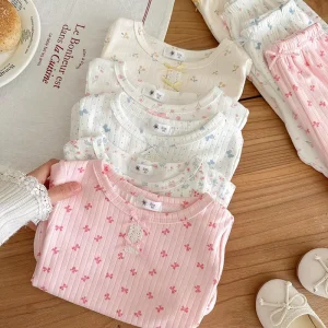 Summer Japanese Style Children’s Bamboo Fiber Suit Baby Short sleeved Breathable Baby Pajamas Girls’ Thin Two Piece Set