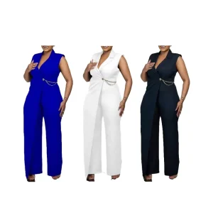 Summer Jumpsuits for Ladies Elegant Suit Collar Waist Chain Loose Wide Leg One Piece Jumpsuit for Women