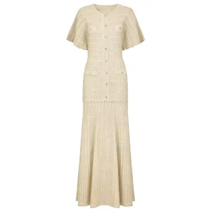 Summer Knitted Slim Fit Diamond Horn Short Sleeved Round Neck Shiny Silk Women’s Dress