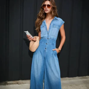 Summer Lady Girls Romper Overall Women’s Casual Lightweight Washed Denim Jumpsuit