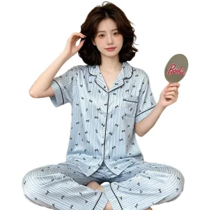 Summer Lightweight Rayon like Women’s Pajama Set Short sleeve Top And Long Pants Two piece Loungewear Set