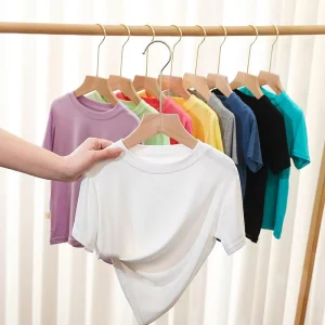 Summer Loose Elastic Slimming Basic Soft and Comfortable Crop Tops Solid Color Polychromatic Knitted T shirt Women’s
