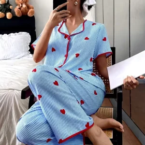 Summer Loungewear Women’s French style Breathable Satin Short Sleeve Pajama Set Featuring Elastic Waist Supply