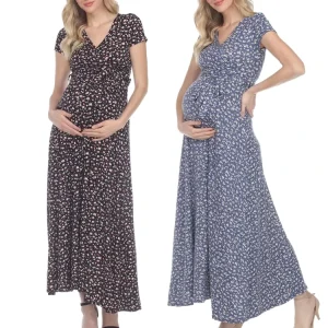Summer Maternity Wear Pregnancy Dress Floral Comfy Feeding V-Neck Nursing Maxi Wrap Dress
