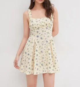 Summer New Arrival Sweet Halter Neck Embroidered Shoulder Blue Floral Print A-line Mini Dress Women’s Casual Vacation Front