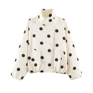 Summer New Arrival Women’s Fashionable and Versatile Long-Sleeved Stand Collar Polka Dot Bomber Jacket 8372236