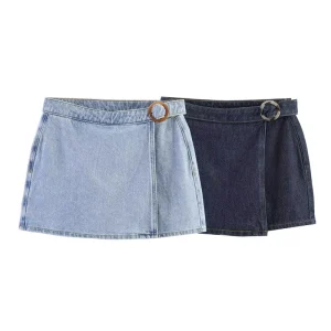 Summer New Arrival Women’s Mid-Waist A-Line Belted Denim Casual Double-Front Button-Up Skirt 8228039