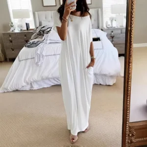 Summer New Arrival Women’s Solid Color Short Sleeve Long Length Casual Dress Western Fashion