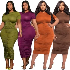 Summer New Arrivals Plus Size Women’s Clothing Solid Color Pleated Short Sleeve Sexy Tight Plus Size Women’s Dresses