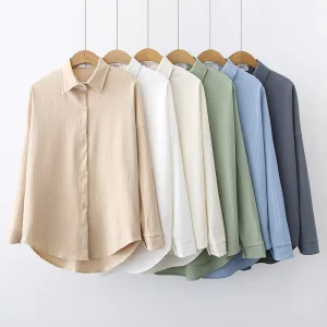 Summer New Casual Office Lady Simple Women Long-sleeved Blouses Plain Shirt Solid Color Sense Women’s Shirts