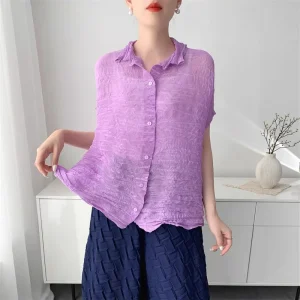 Summer New Chiffon Shirt Women’s Casual Fashion High-End Designer Three Quarter Sleeve Stand Loose-Fitting Pleated