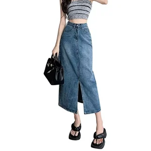 Summer New Denim Women’s Midi A-Line Skirt High Waist Slimming Small Split Quick Dry Non-iron Treatment