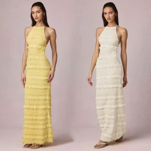 Summer New European American Sexy Ruffle Hemline Backless Halter Lace Up Bodycon Anti Wrinkle Women’s Chiffon Solid Dress