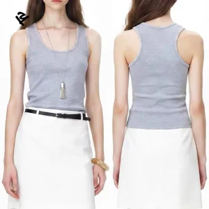 Summer New Fashion Casual Tops for Women Custom Grey Shell Stitch Trim Scoop Neck Sleeveless Tank Top