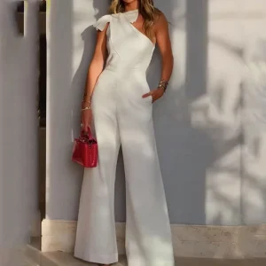 Summer New Fashion Diagonal Shoulder Neck Tie Waist Solid Color Wide Leg Women’s Jumpsuit