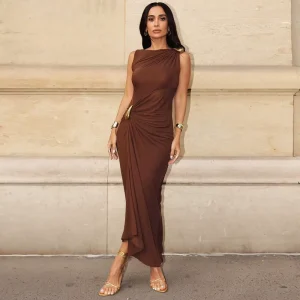 Summer New Fashion Elegant Retro Ruched Maxi Slim Sleeveless Solid Color Women’s Dress