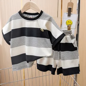Summer New Fashion Girls Cotton Sportswear Set Loose Short Sleeve Stripe Shorts Casual Two Piece MCJ237 In Stock
