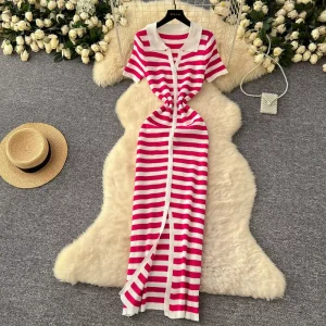 Summer New Fashionable French Single Breasted Striped Knitted Slimming Women’s Dress